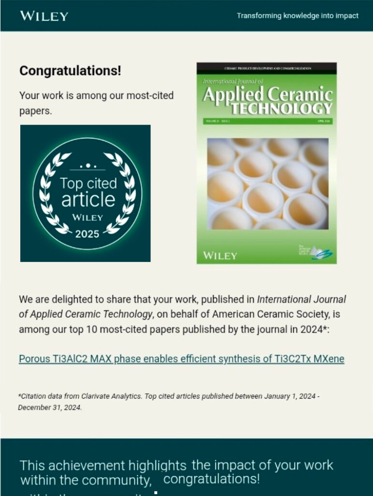 Highly cited study: MXene research focused on impact. Development of a porous Ti₃AlC₂ MAX phase to enable efficient synthesis of Ti₃C₂Tₓ MXene